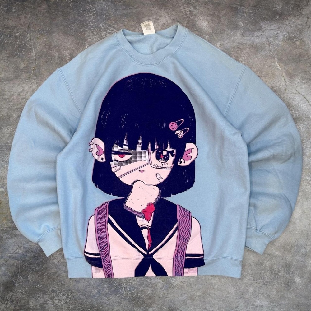 Omocat Toast Girl Anime Graphic Blue Crewneck Sweatshirt Womens Size Medium Goth